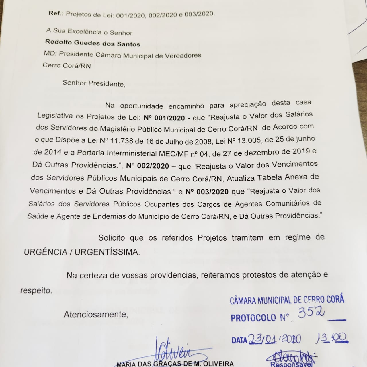 Prefeita de Cerro Corá envia a Câmara os projetos de Lei dos reajustes dos servidores públicos