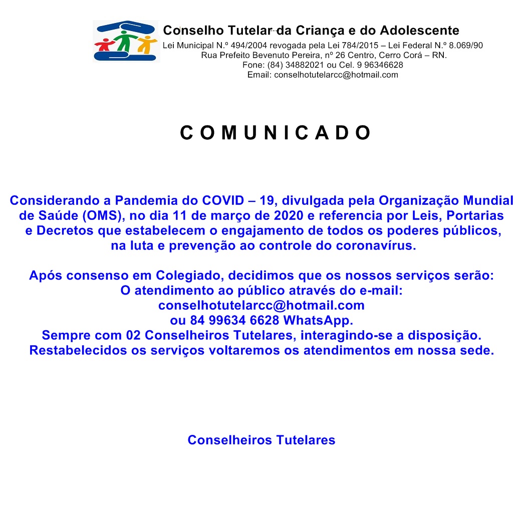 Comunicado: Conselho Tutelar da Criança e do Adolescente de Cerro Corá