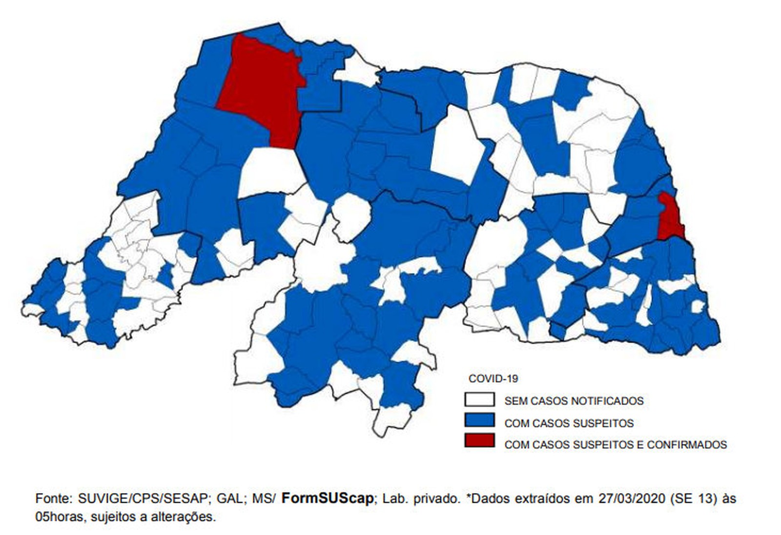 Mapa mostra cidades do Rio Grande do Norte com casos suspeitos de coronavírus