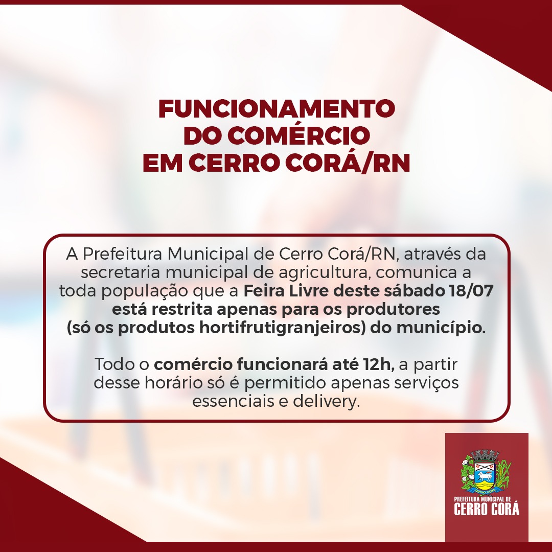 Feira livre de Cerro Corá acontece neste sábado(18) restrita para os feirantes do município.