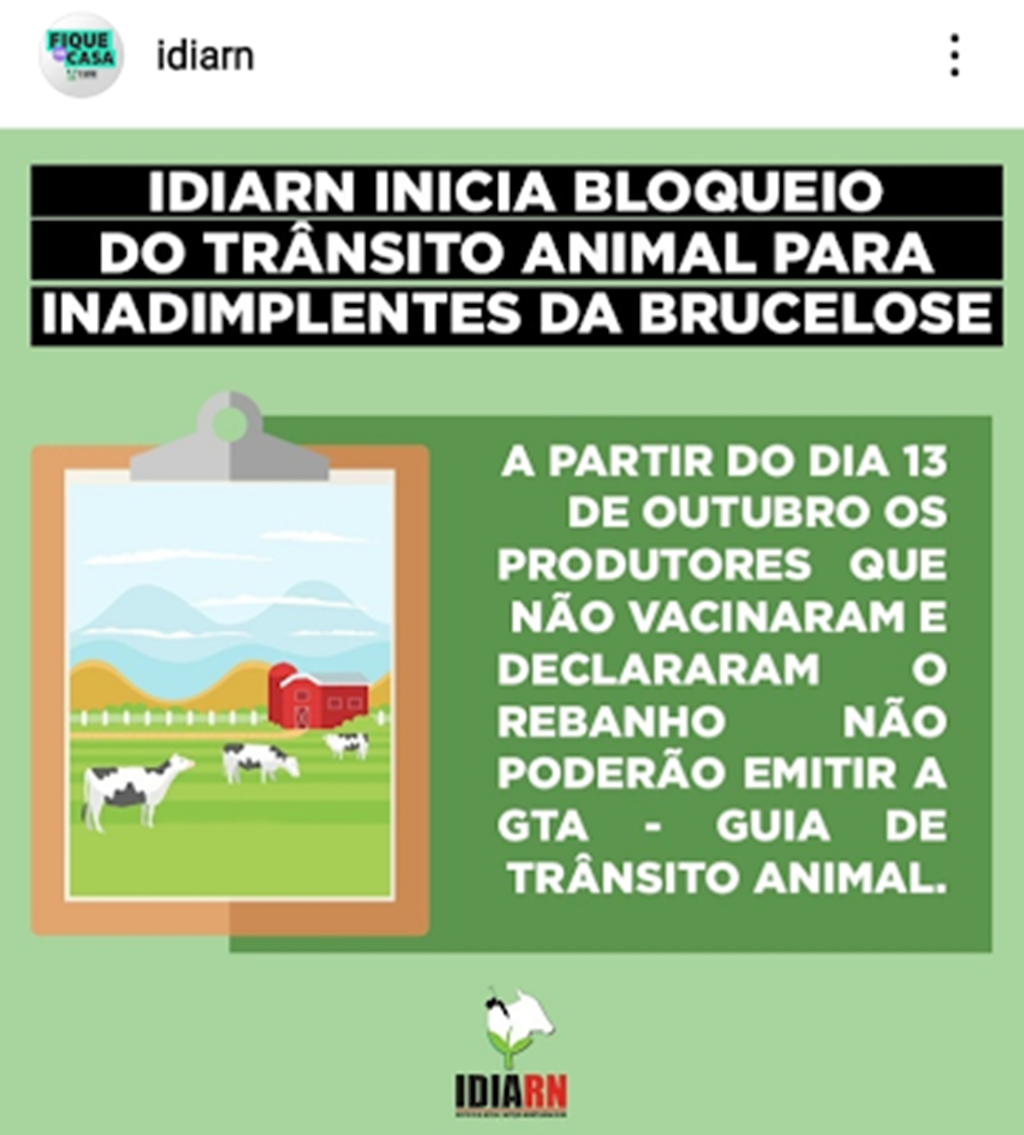 Idiarn iniciará bloqueio do trânsito animal para inadimplentes com vacina da brucelose