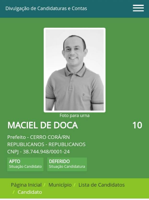 Maciel de Doca – Republicanos  teve sua candidatura deferida, mais seu candidato a vice-prefeito João Batista foi indeferido