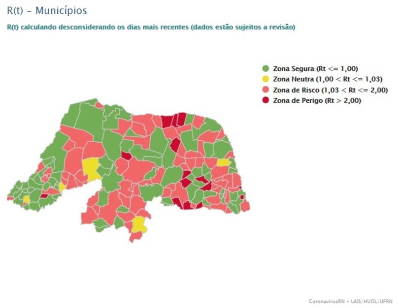 87 municípios do RN têm taxa de transmissão da Covid-19 em zonas de ‘risco’ ou ‘perigo’