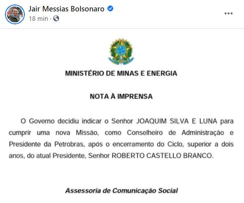 Buscando conter os aumentos dos combustíveis. Bolsonaro anuncia general Joaquim Silva e Luna como novo presidente da Petrobras