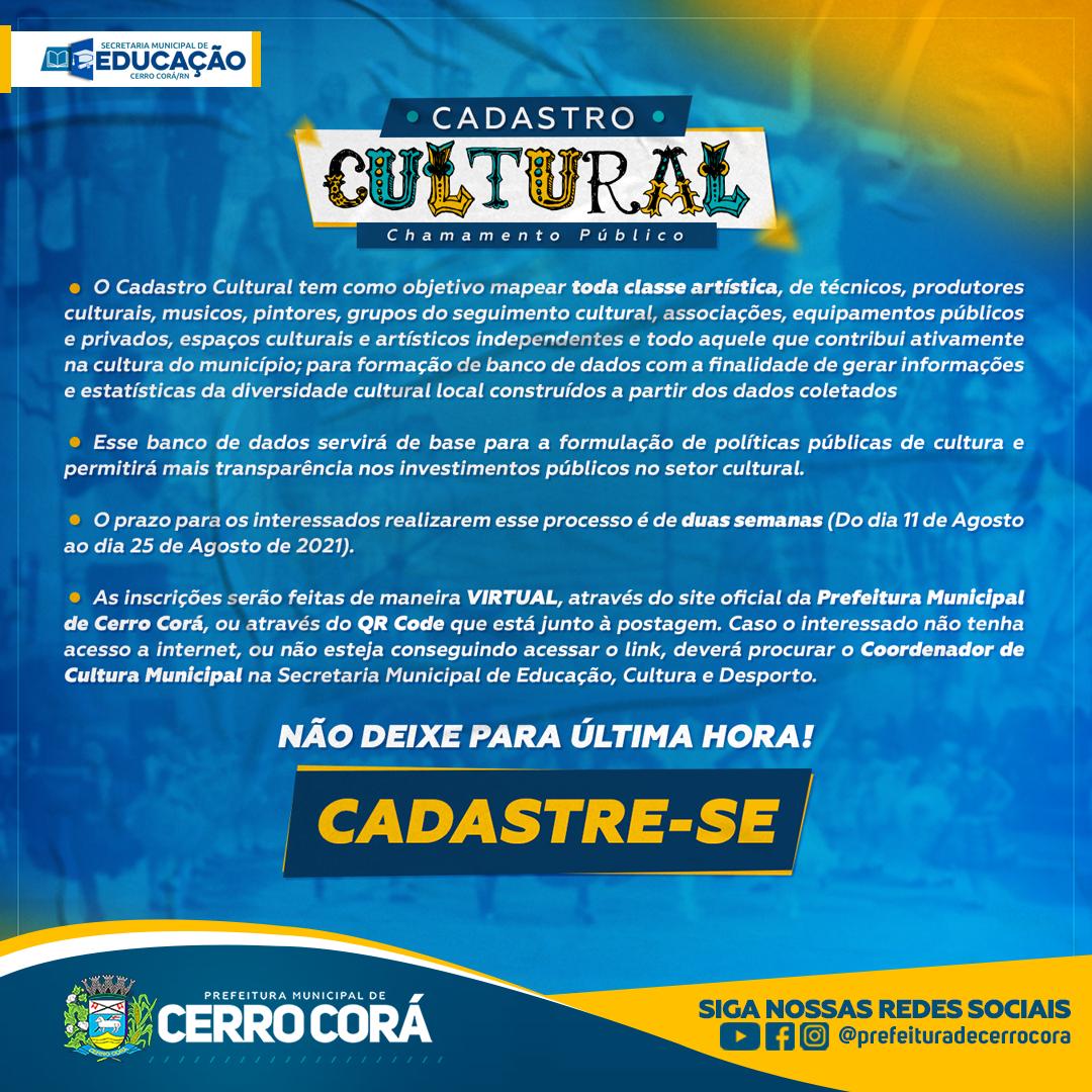 UTILIDADE PUBLICA: Cadastro Cultural em Cerro Corá/RN