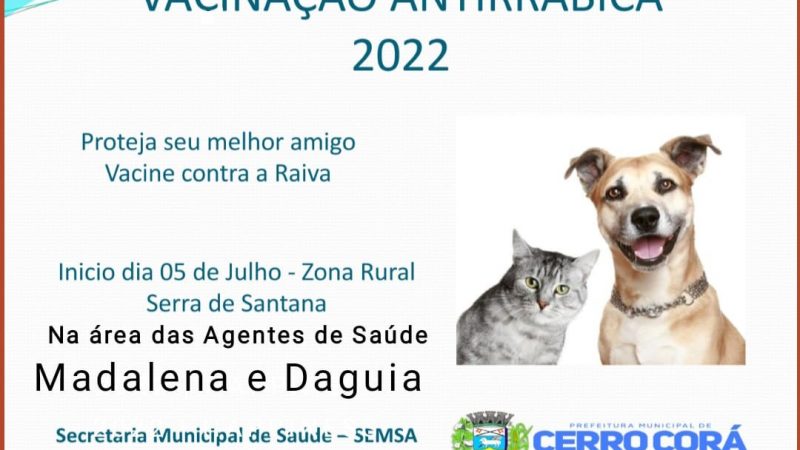 Nesta terça feira (05) inicia a vacinação antirrábica Cães e Gato na zona rural de Cerro Corá