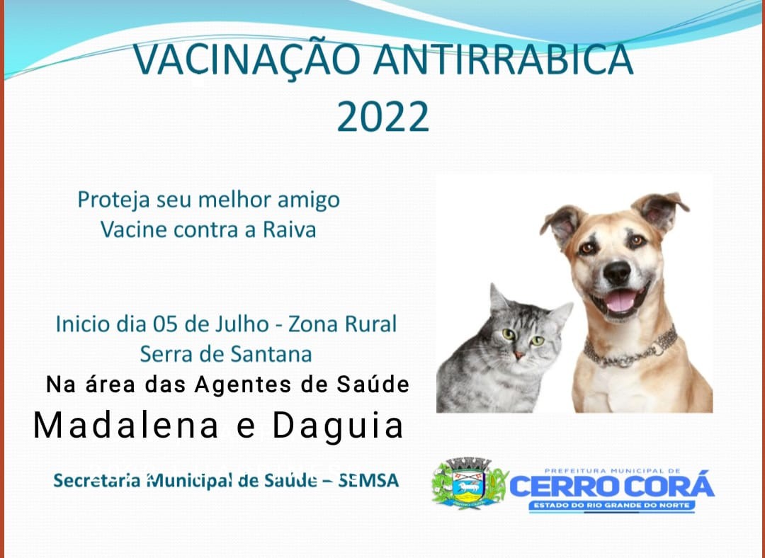 Nesta terça feira (05) inicia a vacinação antirrábica Cães e Gato na zona rural de Cerro Corá