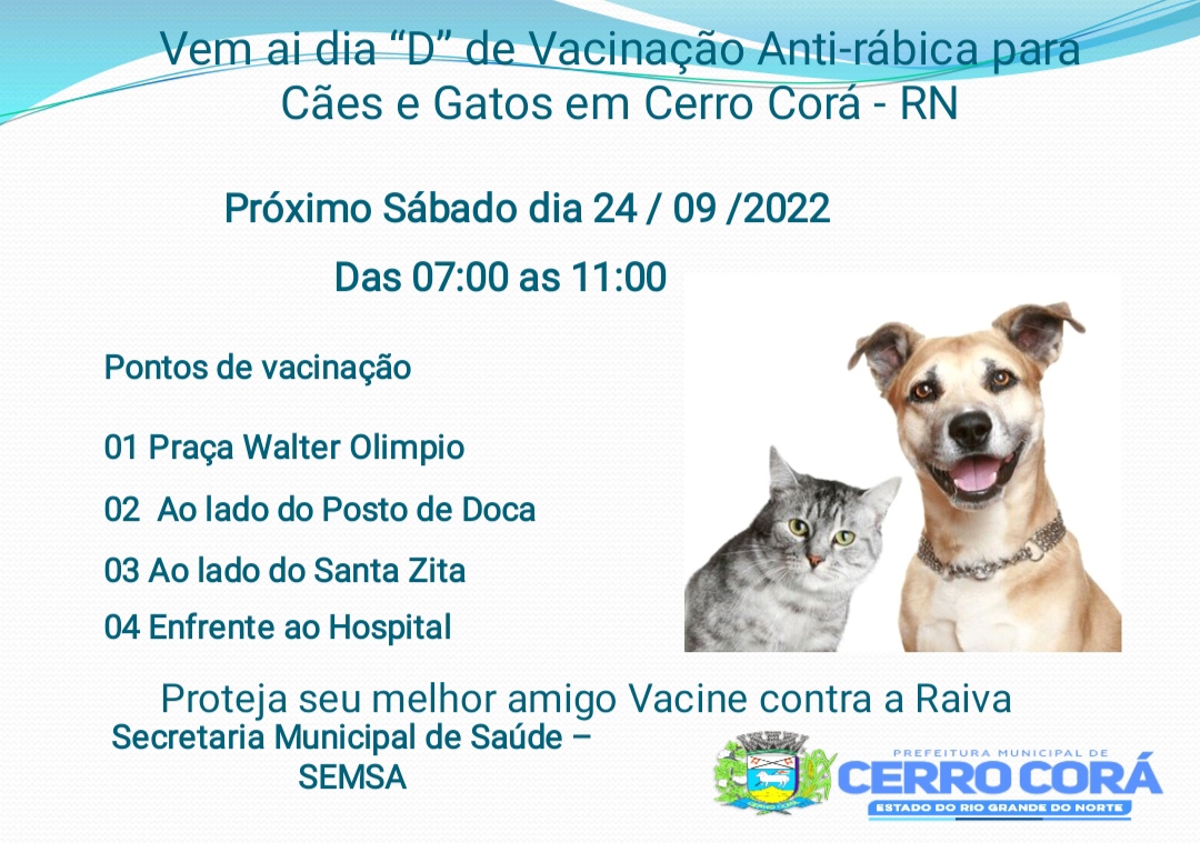 Dia D de vacinação antirrabica neste sábado(24) em Cerro Corá