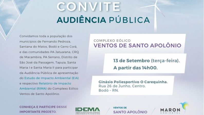 Complexo Eólico Ventos de Santo Apolônio será apresentado em Audiência Pública no dia (13) em Bodó/RN