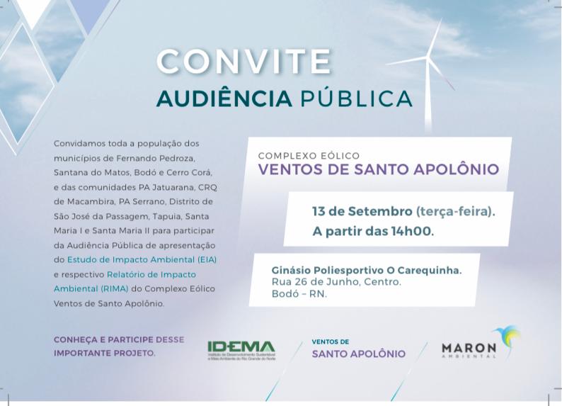 Complexo Eólico Ventos de Santo Apolônio será apresentado em Audiência Pública nesta terça-feira dia (13) em Bodó/RN