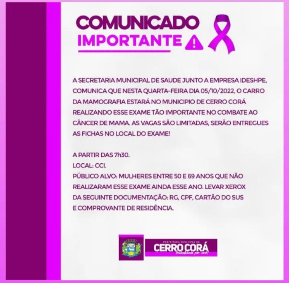 Cerro Corá terá exame de mamografia nesta quarta-feira(05)