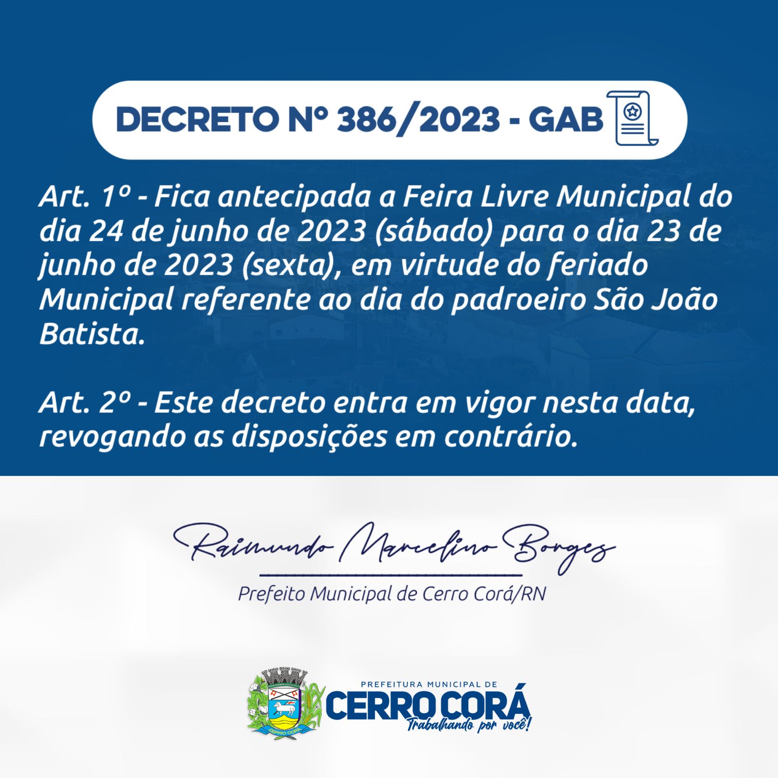 Feira livre em Cerro Corá será antecipada em virtude do feriado municipal de São João