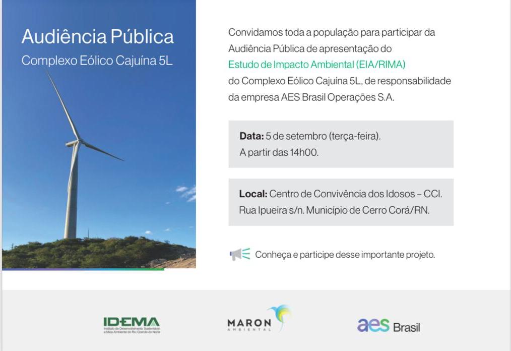 Audiência Pública do Complexo Eólico Cajuína 5L será realizada em Cerro Corá (RN)