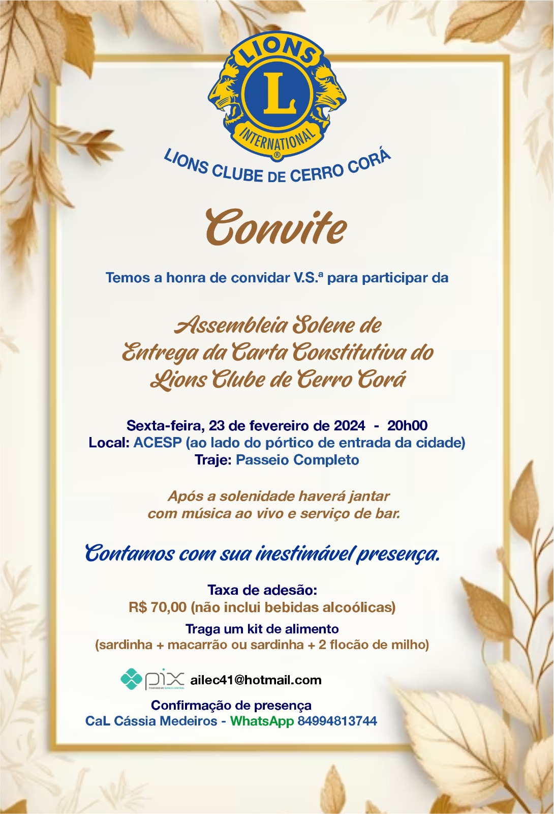 Lions Clube de Cerro Corá realizará nesta sexta-feira (23), evento solene