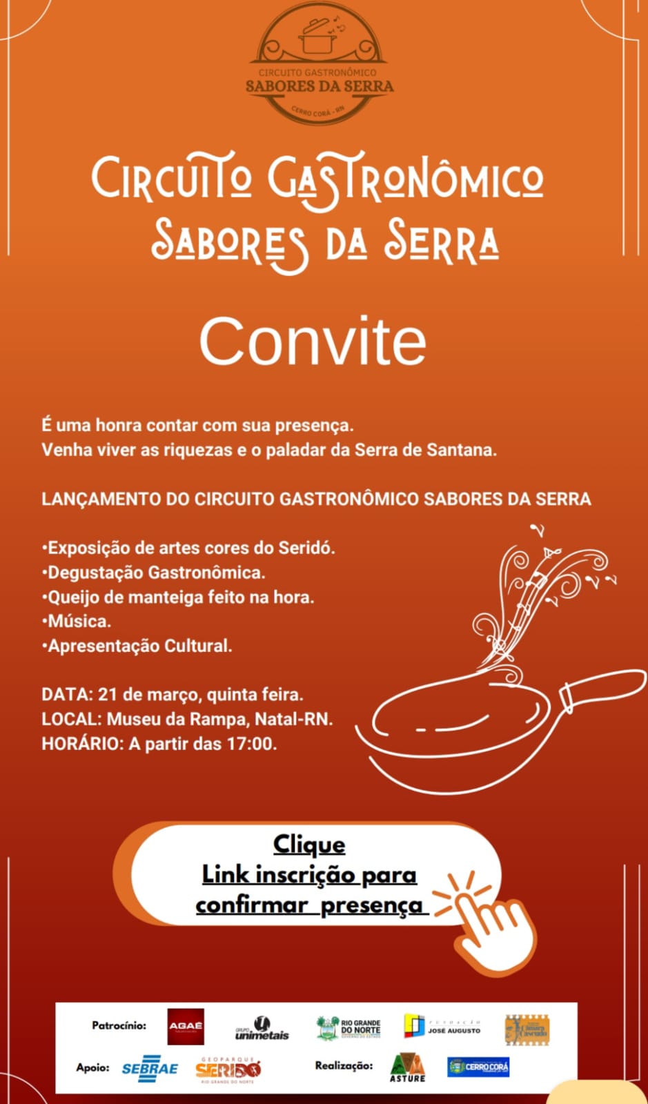 Lançamento do Circuito Gastronômico Sabores da Serra acontece quinta-feira 21 de março. Museu da Rampa em Natal-RN