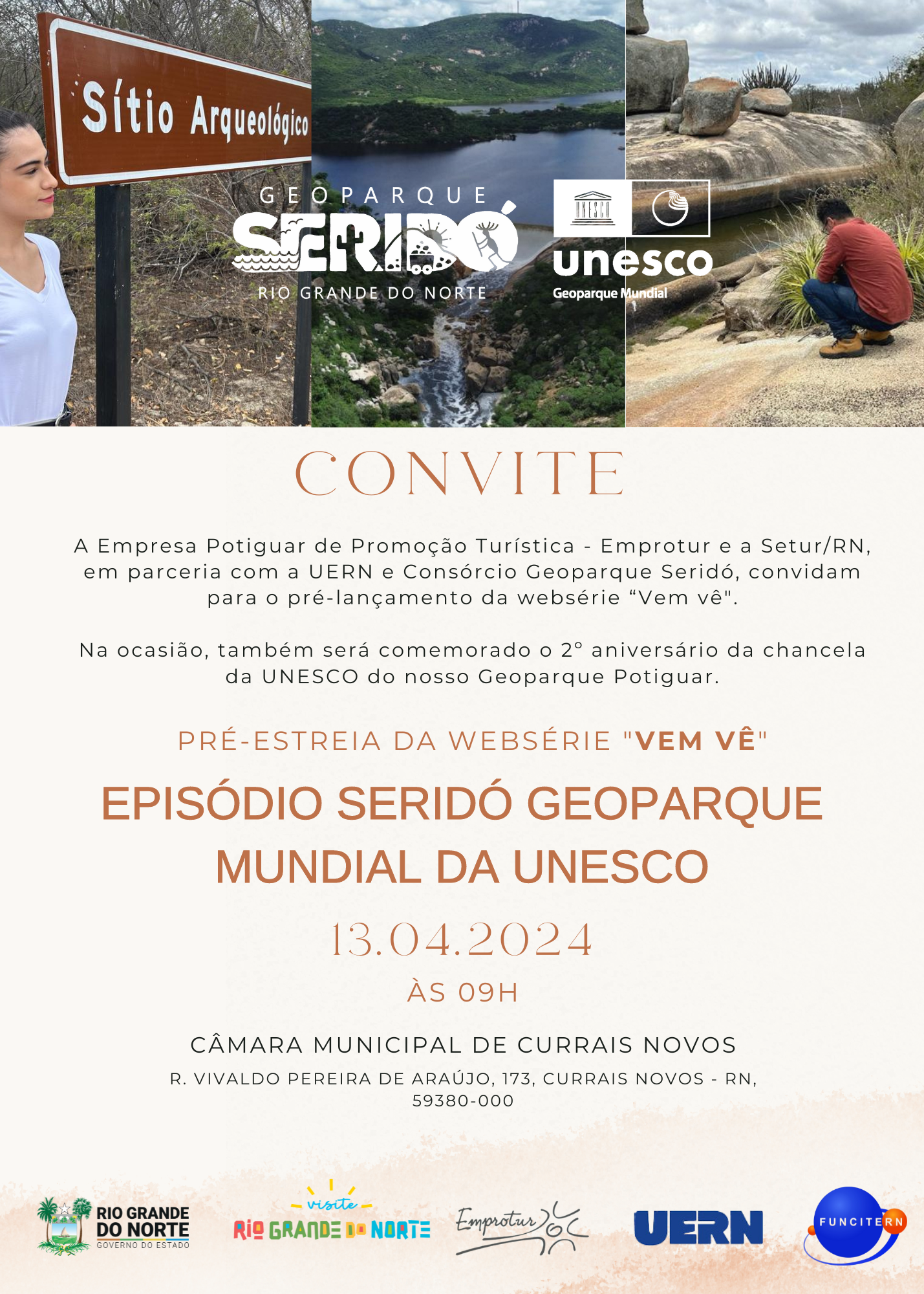 Convite pré-estreia do documentário Seridó Geoparque Mundial da Unesco, neste sábado,13 em Currais Novos