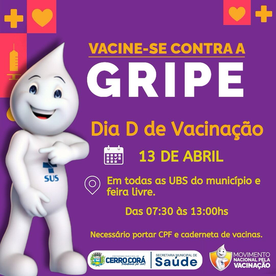 Cerro Corá: Sábado 13 de abril Dia D de Vacinação contra gripe, saiba grupos prioritários